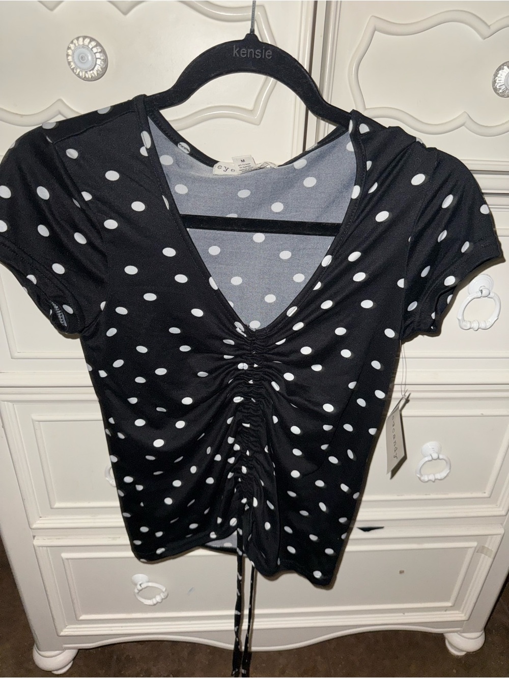 Polka Dot Ruched V-Neck Top - Black/White